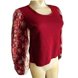 Small Ture Vintage 70's Boho Chic Red Top Floral Puff Sleeves Festival Mom Hippy